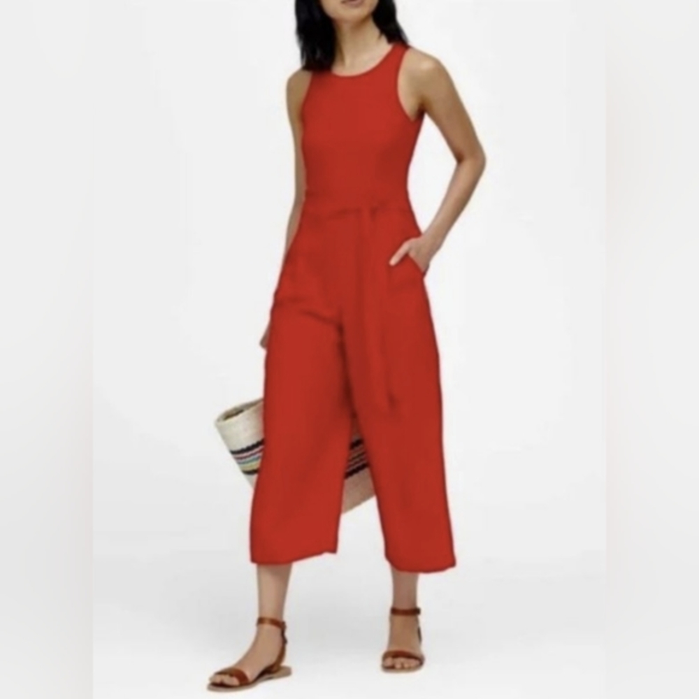 Banana Republic coral red belted sleeveless cropped jumpsuit - Picture 1 of 8